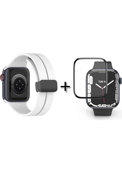 Apple Watch 9 45 mm Için Manyetik Tokalı Silikon Kordon Kayış + Ekran Koruma Filmi - FC272