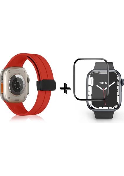 Apple Watch 8 45 mm Için Manyetik Tokalı Silikon Kordon Kayış + Ekran Koruma Filmi - FC272