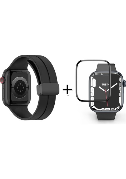 Apple Watch 9 45 mm Için Manyetik Tokalı Silikon Kordon Kayış + Ekran Koruma Filmi - FC272