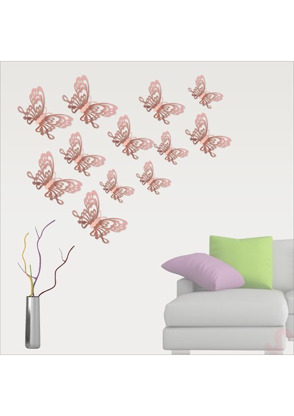 3 Boyutlu Kelebek, Karton Sticker 12 Adet - Metalik Rose Gold
