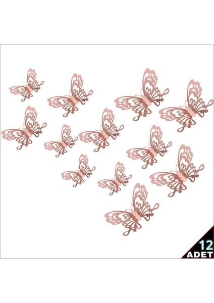 3 Boyutlu Kelebek, Karton Sticker 12 Adet - Metalik Rose Gold fiyatları