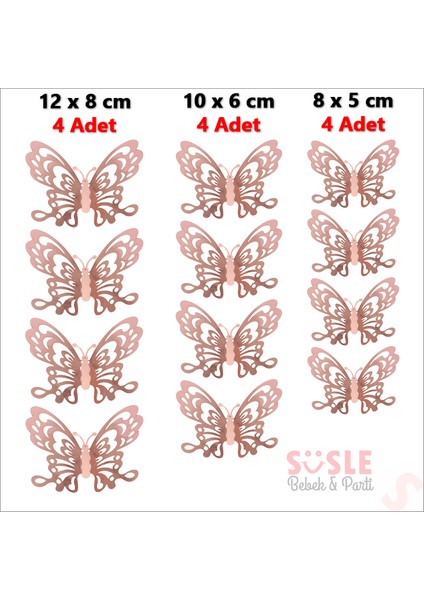 3 Boyutlu Kelebek, Karton Sticker 12 Adet - Metalik Rose Gold modelleri