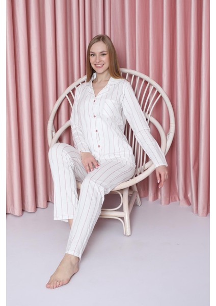 Kadın Pijama Takımı Süprem Uzunkol Ince Çizgili Ceket Yaka Pamuklu Mevsimlik W20602299