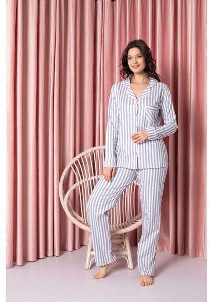 Kadın Pijama Takımı Süprem Uzunkol Çizgili Bebe Yaka Boydan Düğmeli Pamuklu Mevsimlik W20592298