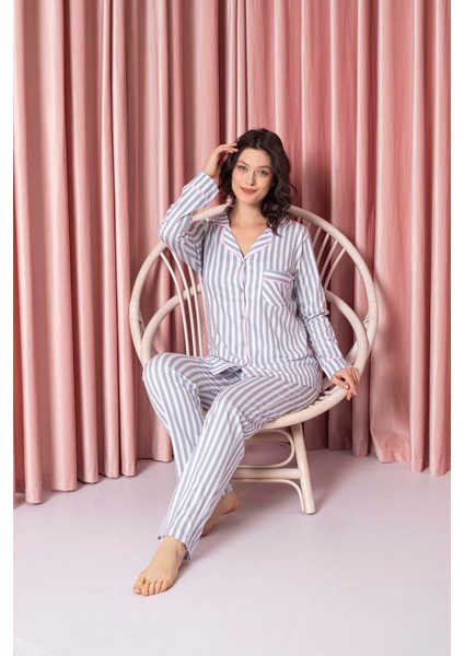 Kadın Pijama Takımı Süprem Uzunkol Çizgili Bebe Yaka Boydan Düğmeli Pamuklu Mevsimlik W20592298 fiyatları