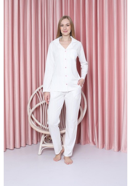 Kadın Pijama Takımı Süprem Uzunkol Ince Çizgili Ceket Yaka Pamuklu Mevsimlik W20602299