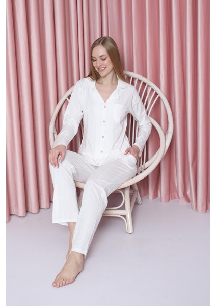 Kadın Pijama Takımı Süprem Uzunkol Ince Çizgili Ceket Yaka Pamuklu Mevsimlik W20602299 fırsatları