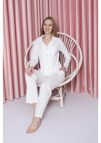 Kadın Pijama Takımı Süprem Uzunkol Ince Çizgili Ceket Yaka Pamuklu Mevsimlik W20602299 indirimleri