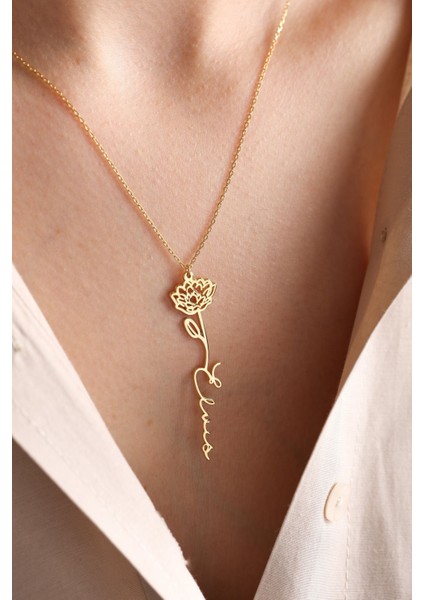 Çiçek Detaylı Kişiye Özel Dikey El Yazısı Isimli 925 Ayar Gümüş Kadın Kolye