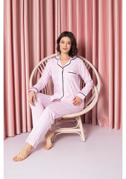 Kadın Pijama Takımı Süprem Uzunkol Çizgili Bebe Yaka Boydan Düğmeli Pamuklu Mevsimlik W20592298