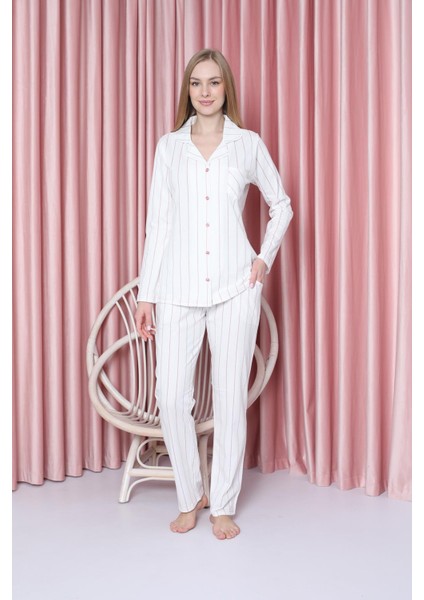 Kadın Pijama Takımı Süprem Uzunkol Ince Çizgili Ceket Yaka Pamuklu Mevsimlik W20602299