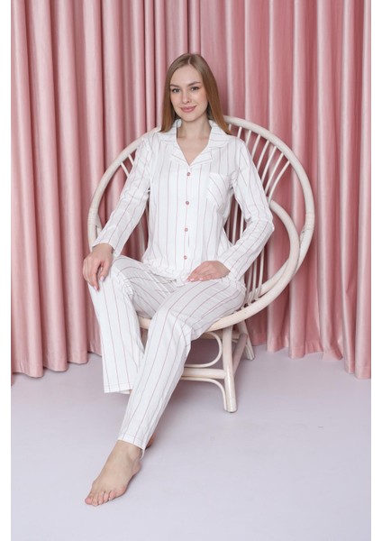 Kadın Pijama Takımı Süprem Uzunkol Ince Çizgili Ceket Yaka Pamuklu Mevsimlik W20602299 fırsatları