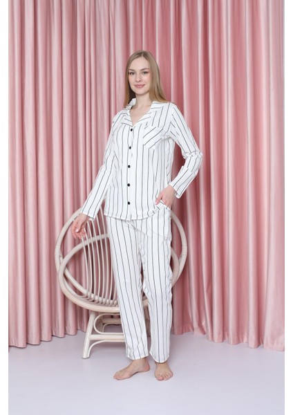 Kadın Pijama Takımı Süprem Uzunkol Ince Çizgili Ceket Yaka Pamuklu Mevsimlik W20602299