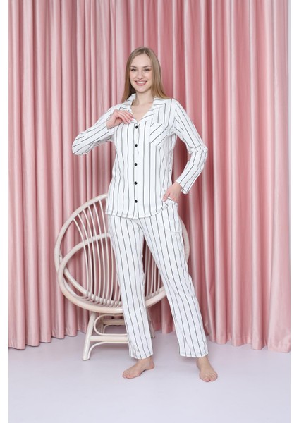 Kadın Pijama Takımı Süprem Uzunkol Ince Çizgili Ceket Yaka Pamuklu Mevsimlik W20602299 modelleri