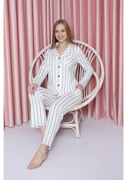 Kadın Pijama Takımı Süprem Uzunkol Ince Çizgili Ceket Yaka Pamuklu Mevsimlik W20602299 fırsatları