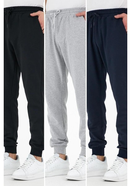 Siyah-Gri-Lacivert 3'lü Erkek Eşofman Altı Etiketli Arka ve Yan Cepli Regular Fit