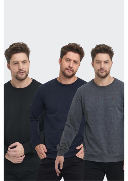 Erkek Siyah-Lacivert-Antrasit Bisiklet Yaka Nakış Detaylı Regular Fit 3'lü Sweatshirt