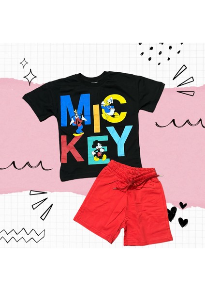 Yeni Sezon Sevilen Çizgi Karakterler Mickey Baskılı Tshirt Şort 2'li Alt Üst Takım