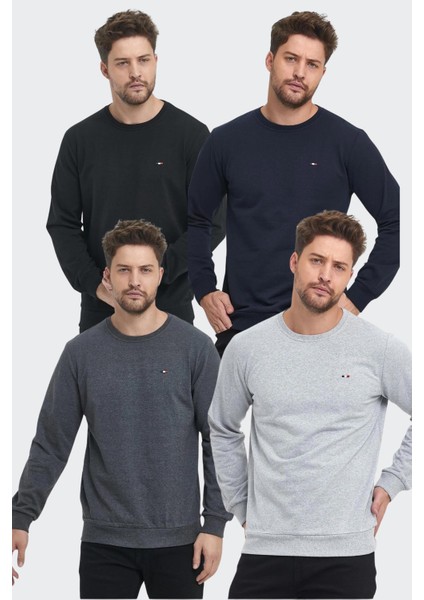 Erkek Çok Renkli Bisiklet Yaka Nakış Detaylı Regular Fit 4'lü Sweatshirt