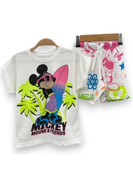 Yeni Sezon Kız Çocuk Mickey Mouse Baskılı T-Shirt Şort Takım 2'li Set