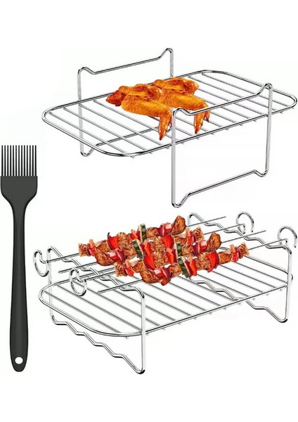 Hava Fritöz Çift Kazan Aksesuarı 2 Parça Hava Fritöz Rafı, 4 Şiş ve Fırçalı Hava Fritöz Aksesuarı (Yurt Dışından)