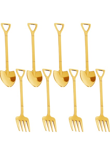 8 Pieces Shovel Spoon Fork Shovel Coffee Spoon Shovel Handle Dessert Spoon Ice Cream Spoon Shovel Shape Fork (Gold) (Yurt Dışından)