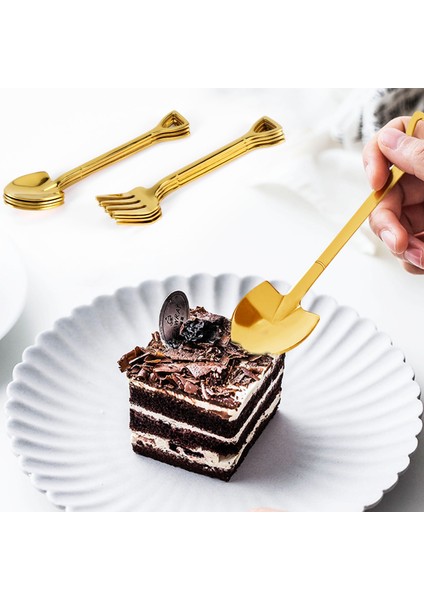 8 Pieces Shovel Spoon Fork Shovel Coffee Spoon Shovel Handle Dessert Spoon Ice Cream Spoon Shovel Shape Fork (Gold) (Yurt Dışından)