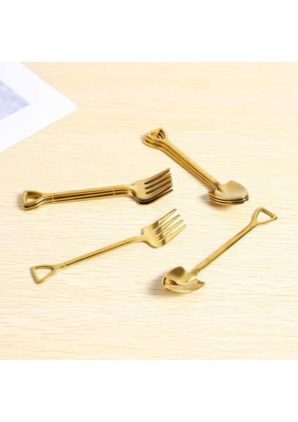 8 Pieces Shovel Spoon Fork Shovel Coffee Spoon Shovel Handle Dessert Spoon Ice Cream Spoon Shovel Shape Fork (Gold) (Yurt Dışından)