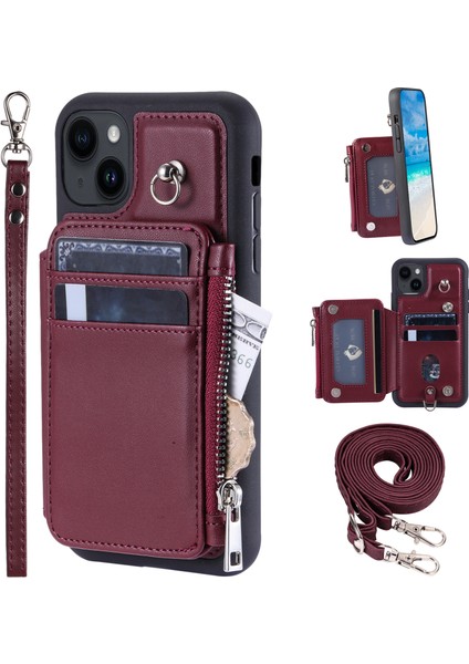 Rfıd Engelleme Pu+Tpu Telefon Kapağı iPhone15 Plus Kickstand Fermuar Cüzdanı Straps-Wine Red ile Telefon Kılıfı (Yurt Dışından)