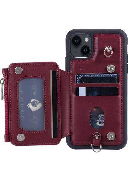 Rfıd Engelleme Pu+Tpu Telefon Kapağı iPhone15 Plus Kickstand Fermuar Cüzdanı Straps-Wine Red ile Telefon Kılıfı (Yurt Dışından)