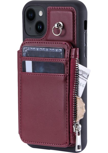 Rfıd Engelleme Pu+Tpu Telefon Kapağı iPhone15 Plus Kickstand Fermuar Cüzdanı Straps-Wine Red ile Telefon Kılıfı (Yurt Dışından)