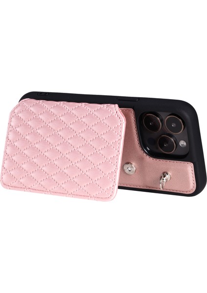 iPhone15 Pro Kickstand Case Pu Deri Kaplamalı Tpu Rfıd Engelleme Telefon Kabuğu Bilek Kayış Rose Altın (Yurt Dışından)