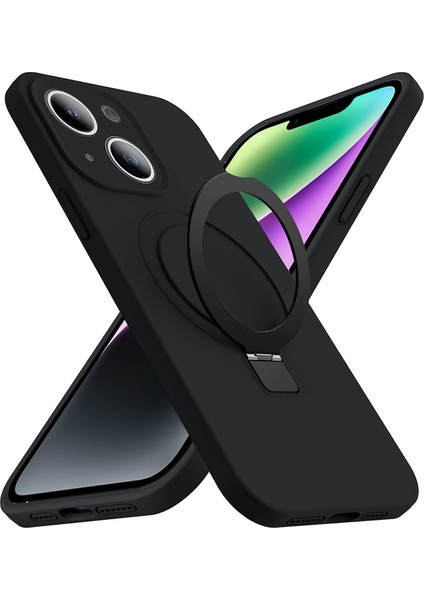 iPhone14 Plus Içinsıvı Silikon Kasa Artı Manyetik Halka Telefon Kabuğu Gizli Kickstand Cover-Black (Yurt Dışından)