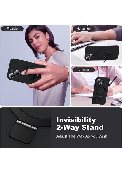 iPhone14 Plus Içinsıvı Silikon Kasa Artı Manyetik Halka Telefon Kabuğu Gizli Kickstand Cover-Black (Yurt Dışından) fiyatları