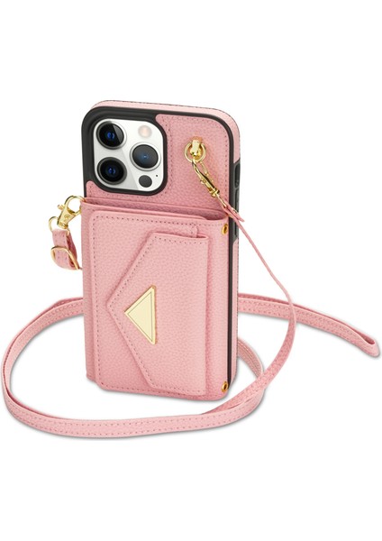iPhone15 Pro Case Organ Kartı Çantası Deri+Tpu Omuz Kayışı Pembe (Yurt Dışından)