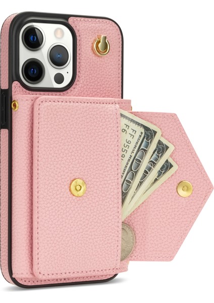 iPhone15 Pro Case Organ Kartı Çantası Deri+Tpu Omuz Kayışı Pembe (Yurt Dışından)