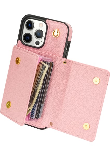iPhone15 Pro Case Organ Kartı Çantası Deri+Tpu Omuz Kayışı Pembe (Yurt Dışından)
