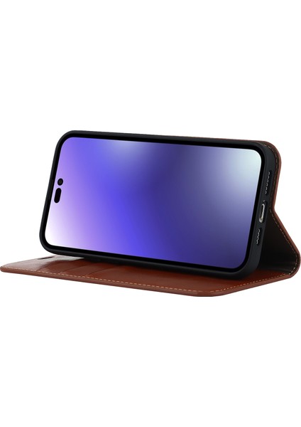 iPhone15 Pro Crazy Horse Doku Anti-Fall Kapak Orijinal Inek Deri Stand Cüzdan Telefon Vaka Işığı Kahverengi (Yurt Dışından) modelleri