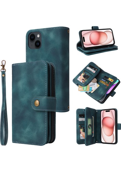 iPhone15 Plus Telefon Kasası Pu Deri Fermuarlı Cep Telefonu Cüzdan Kapağı Kayışlar Yeşili (Yurt Dışından)