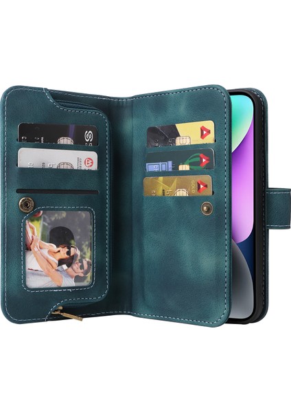 iPhone15 Plus Telefon Kasası Pu Deri Fermuarlı Cep Telefonu Cüzdan Kapağı Kayışlar Yeşili (Yurt Dışından)
