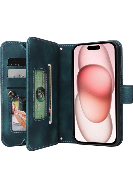 iPhone15 Plus Telefon Kasası Pu Deri Fermuarlı Cep Telefonu Cüzdan Kapağı Kayışlar Yeşili (Yurt Dışından)