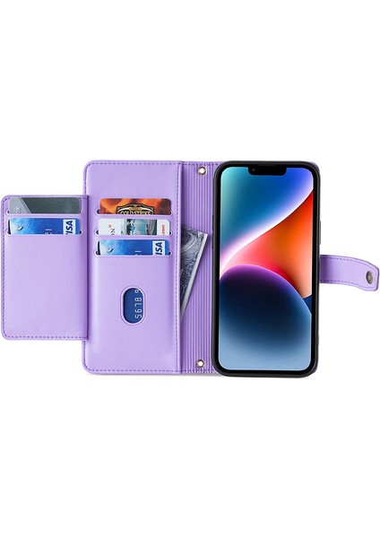 iPhone15 Pro Max Fermuar Kredi Kartı Yuvaları Için Deri Cüzdan Kılıfı Bilek Kayışı ve Omuz Kayış-Mor ile Telefon Örtüsü (Yurt Dışından) modelleri