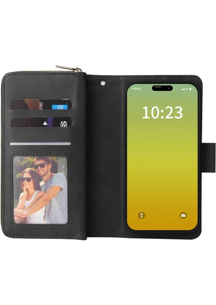 iPhone15 Plus Için 9 Kart Yuvası Pu Deri Telefon Kasası Fermuar Cep Standı Telefon Kapak Çizgisi Altın (Yurt Dışından)