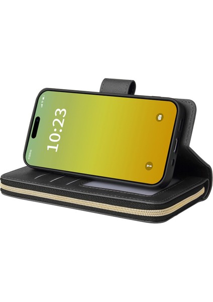 iPhone15 Plus Için 9 Kart Yuvası Pu Deri Telefon Kasası Fermuar Cep Standı Telefon Kapak Çizgisi Altın (Yurt Dışından)
