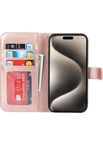iPhone15 Pro Cep Telefonu Kılıfı Için R61 Doku Dikiş Pu Deri Kapağı Stand-Rose Gold ile (Yurt Dışından)