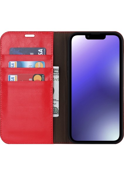 iPhone15 Plus Artı Çılgın At Dokusu Için Flip Stant Cüzdan Kapağı Orijinal Inek Deri Telefon Kasa-Kırmızı (Yurt Dışından)