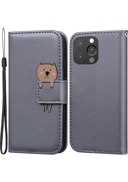 iPhone13 Pro 6.1 Inç Için Cover For Cartoon Hayvan Desen Pu Deri Cüzdan Cep Telefonu Case-Grey (Yurt Dışından)