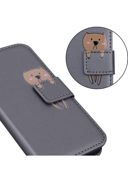 iPhone13 Pro 6.1 Inç Için Cover For Cartoon Hayvan Desen Pu Deri Cüzdan Cep Telefonu Case-Grey (Yurt Dışından)