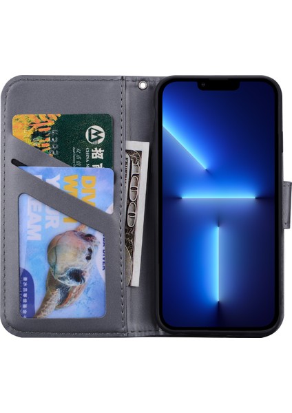 iPhone13 Pro 6.1 Inç Için Cover For Cartoon Hayvan Desen Pu Deri Cüzdan Cep Telefonu Case-Grey (Yurt Dışından)