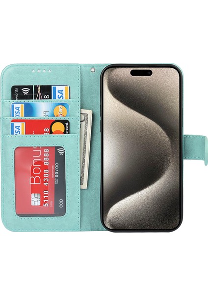 iPhone15 Pro Cüzdan Deri Kapak Için R61 Doku Pu Deri Standı Kılıf Işığı Yeşil (Yurt Dışından)